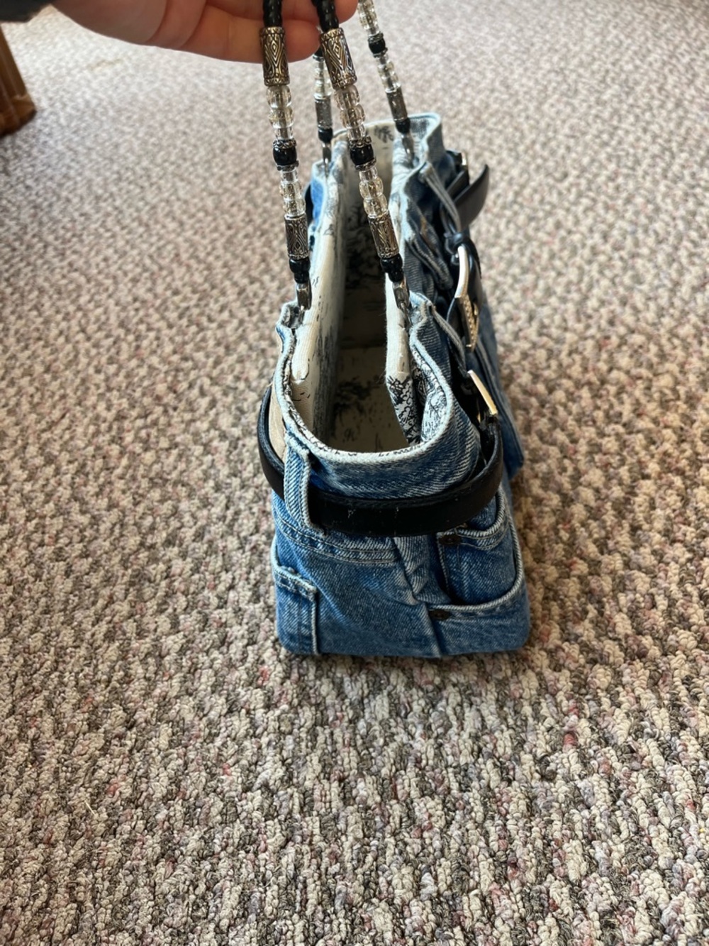 Vintage Y2K Bootie Bag Upcycled Denim Jean Bag Belt Beaded Handle Lined Purse - Picture 4 of 7